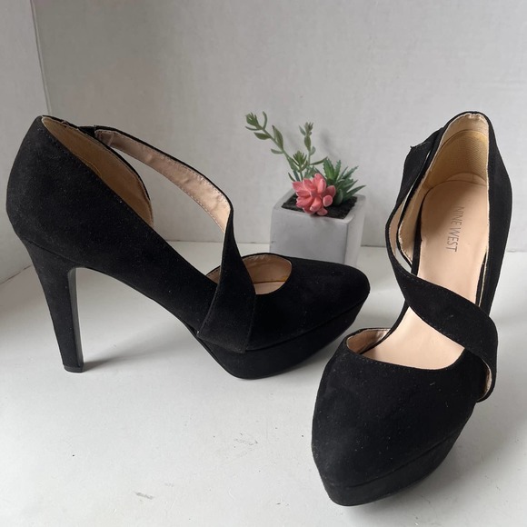 NINE WEST Saskia Strappy Platform Heels Stiletto Pumps Shoes Black Suede Leather - Picture 12 of 12